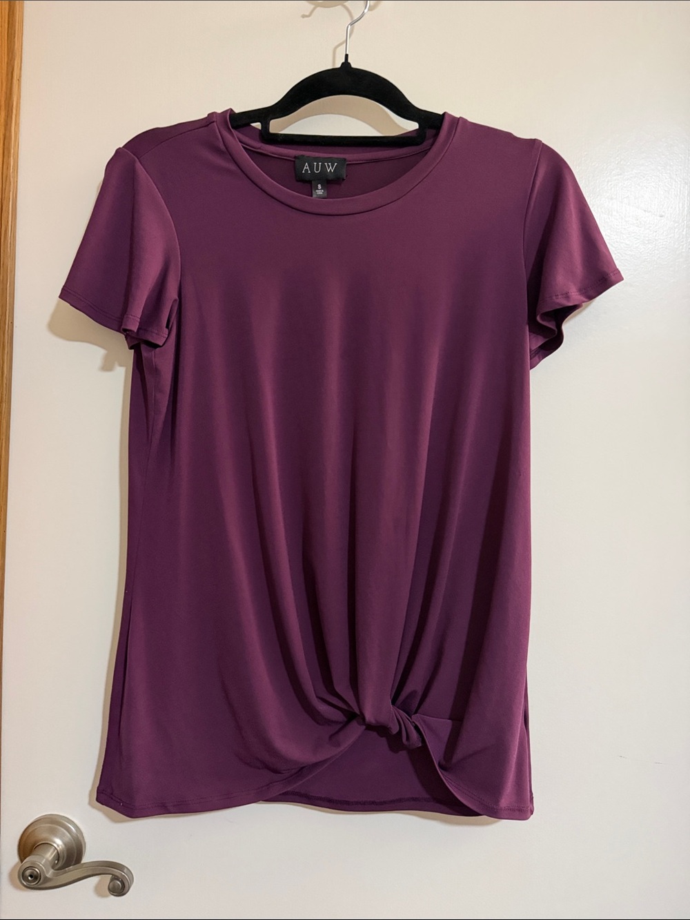AUW Women's Wine Plum Short Sleeve Knot-Front Tee